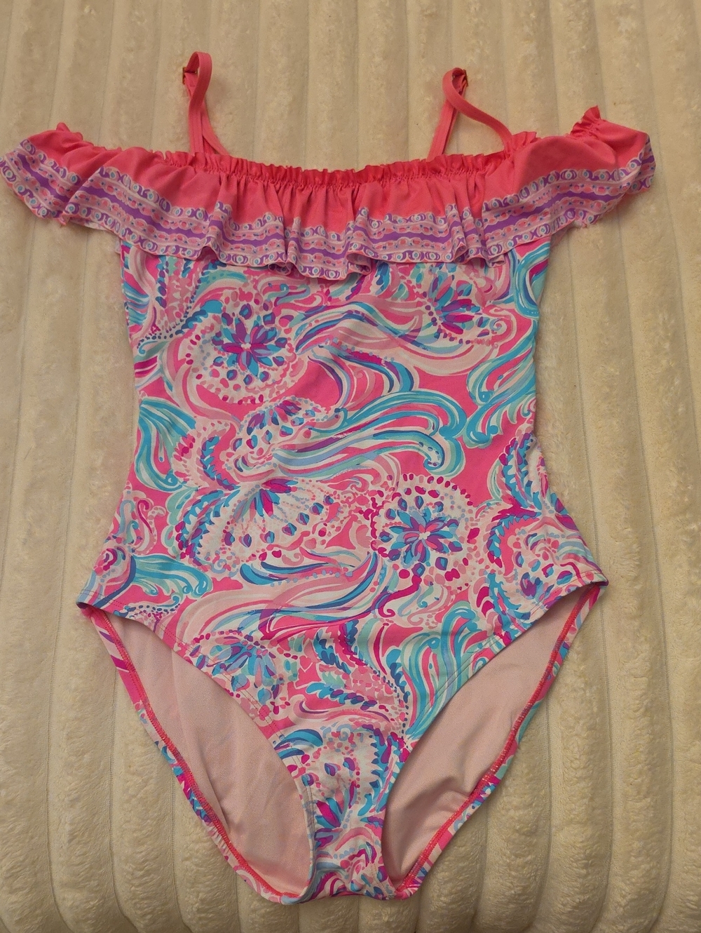 Lilly Pulitzer Pink Ruffled One-Piece Swimsuit with Multicolor Print